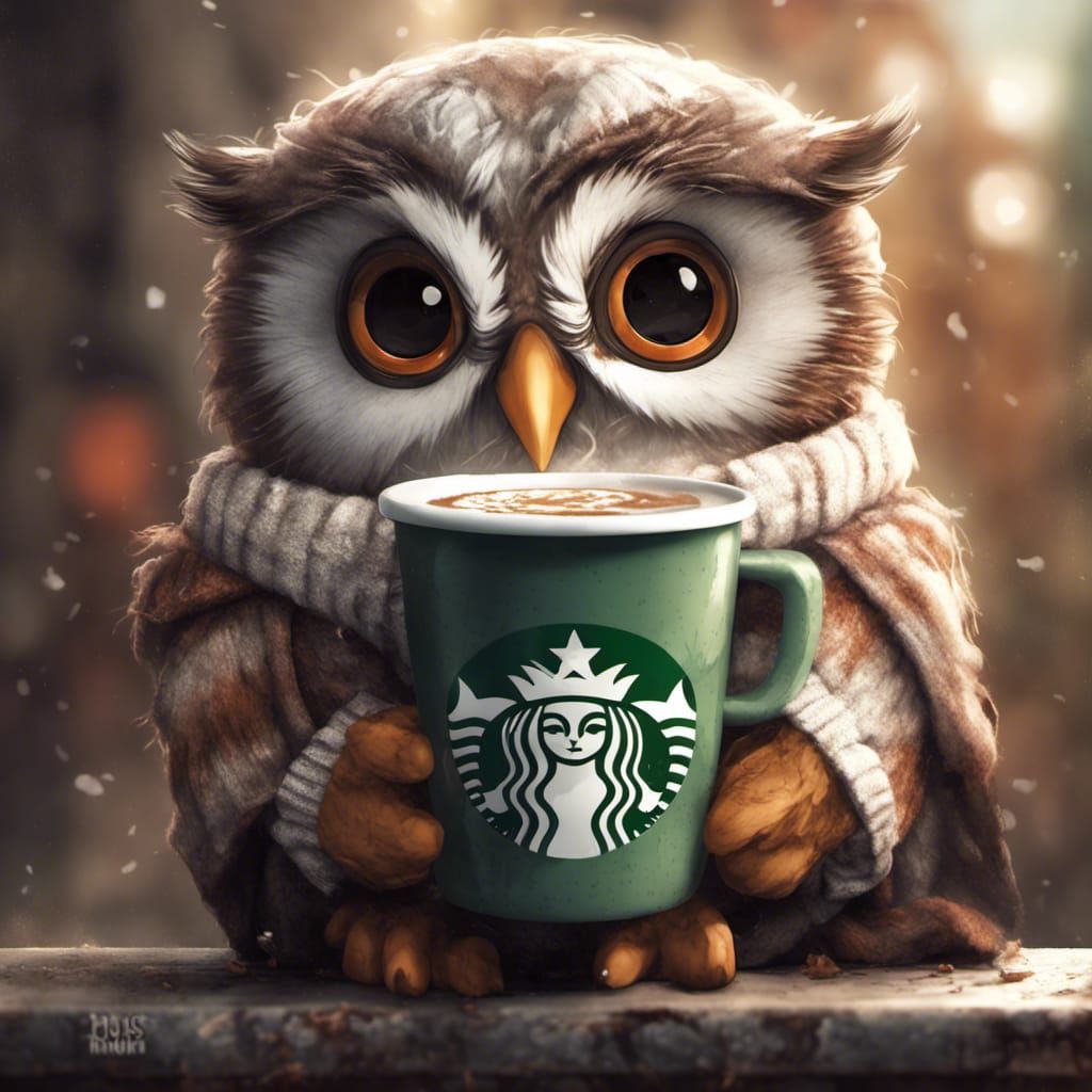 Chibi Owl with Coffee Cup Portrait