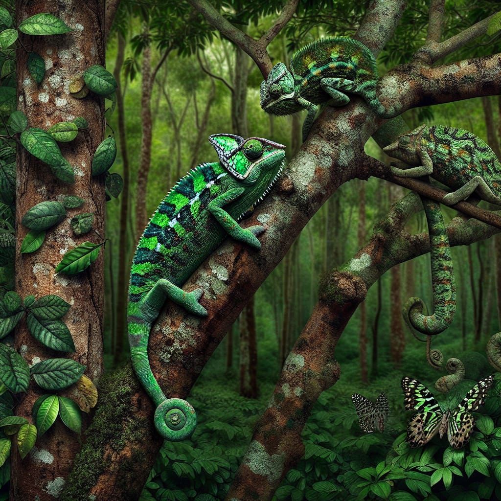 Nature's Camouflage: Chameleon and Butterfly in Forest