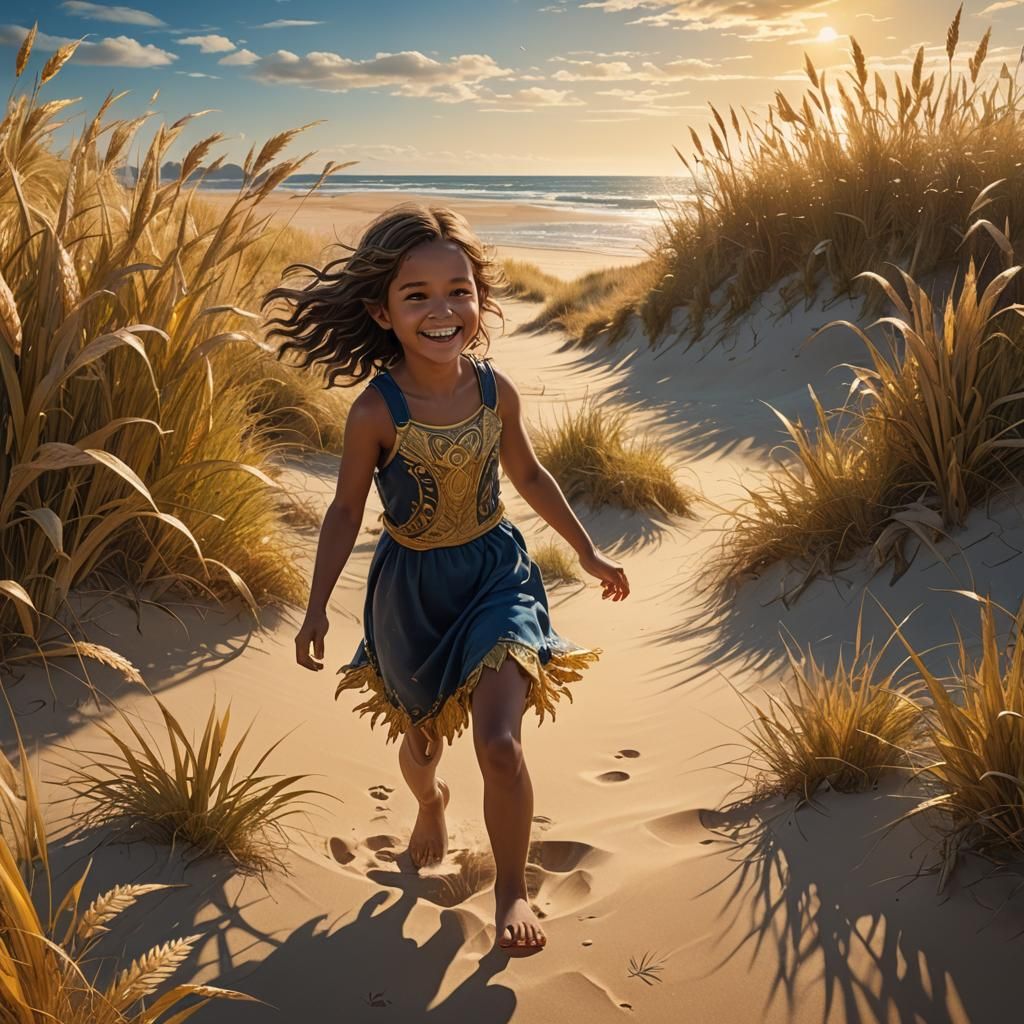 Happy Girl on Sandy Beach: Fantasy Concept Art