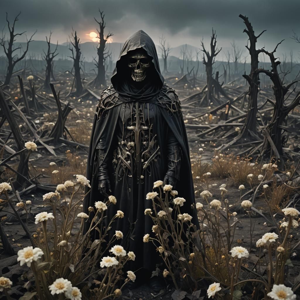 Dark Hooded Figure in Ravaged Landscape