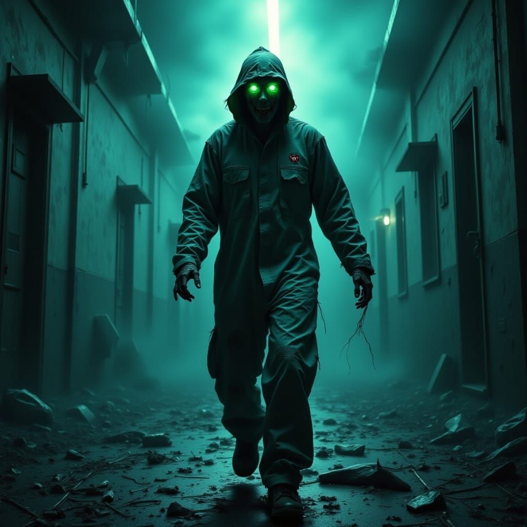 Zombie in Hazmat Suit with Glowing Eyes