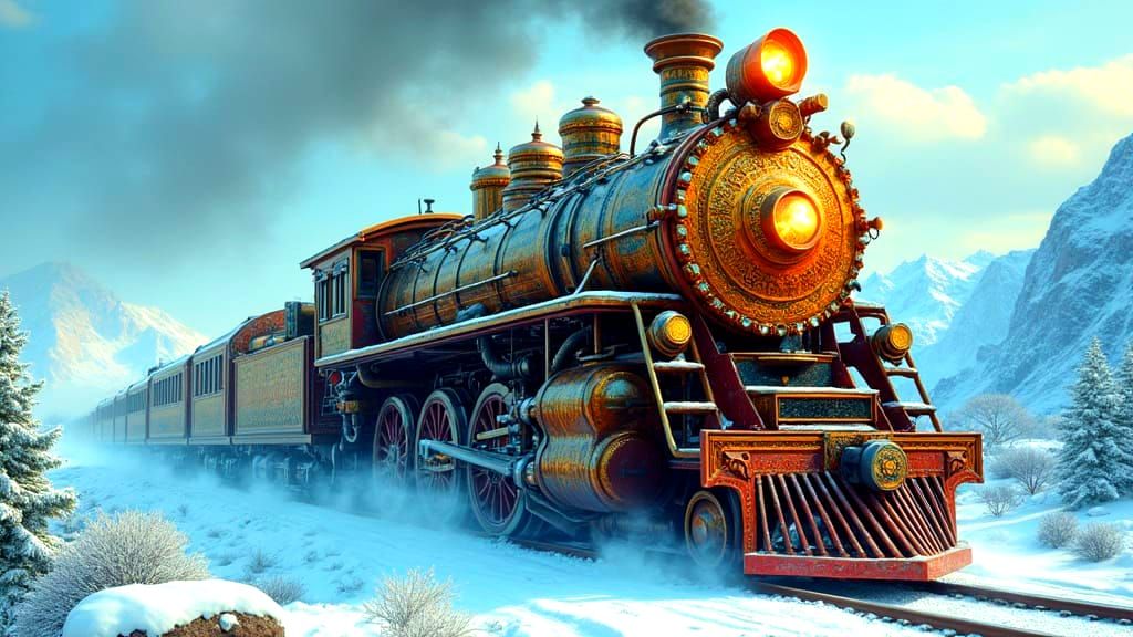 Aztec Steampunk Locomotive in Winter Mountains