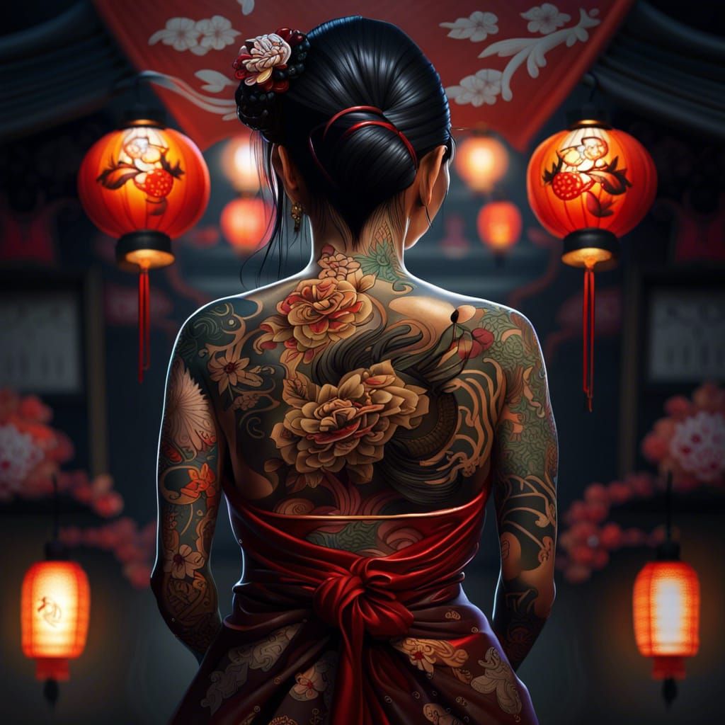 Yakuza Woman with Tattoos and Lanterns