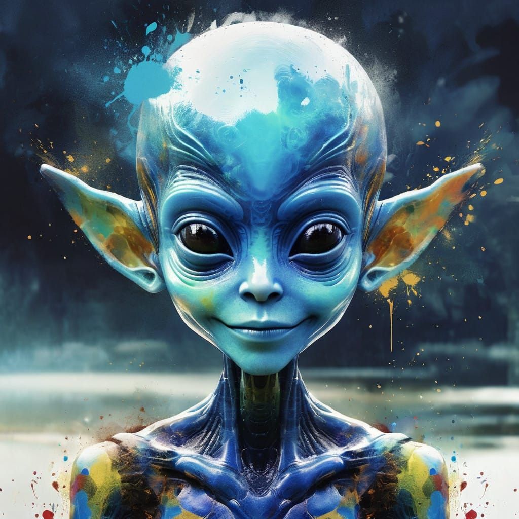 Whimsical Blue Alien Portrait in Rough, Splattered Coffee St...