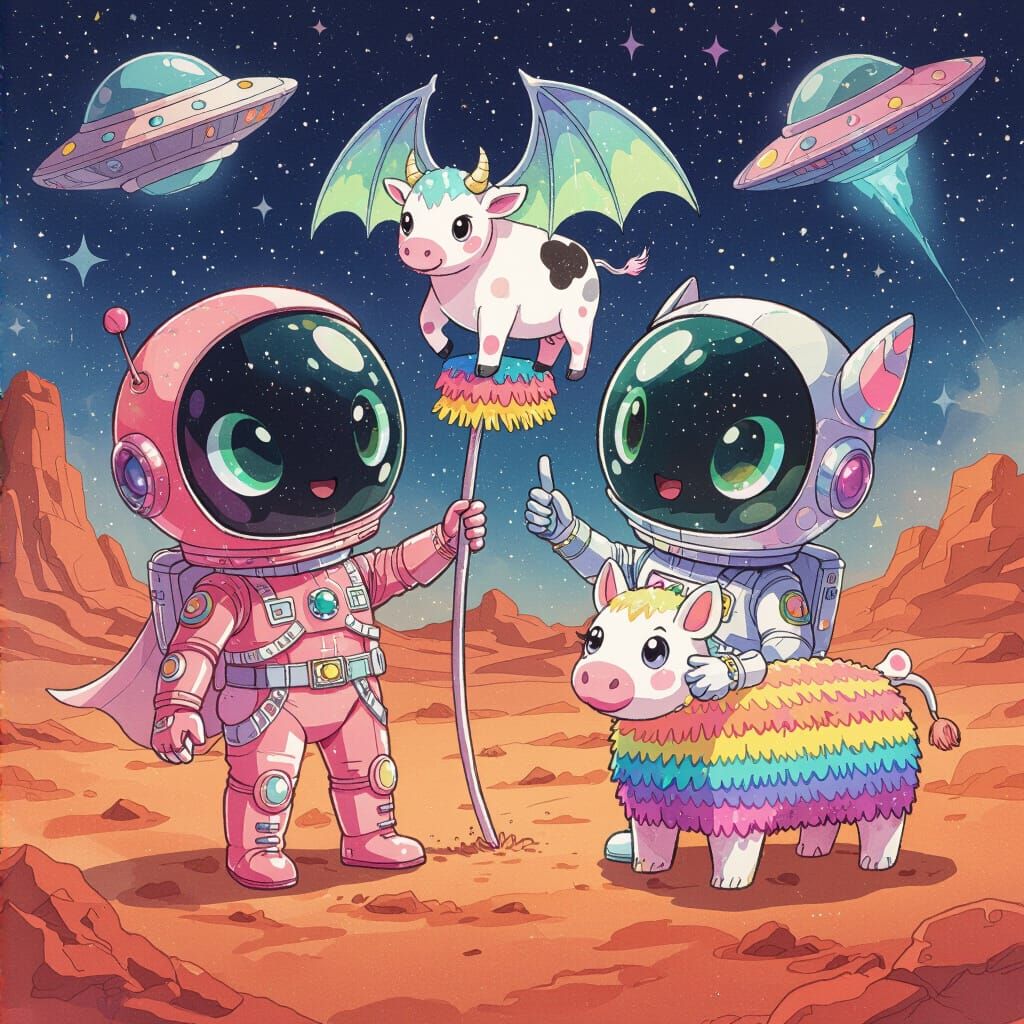 Cute Chibi Aliens with Glowing Bats on Mars, Watercolor Anim...