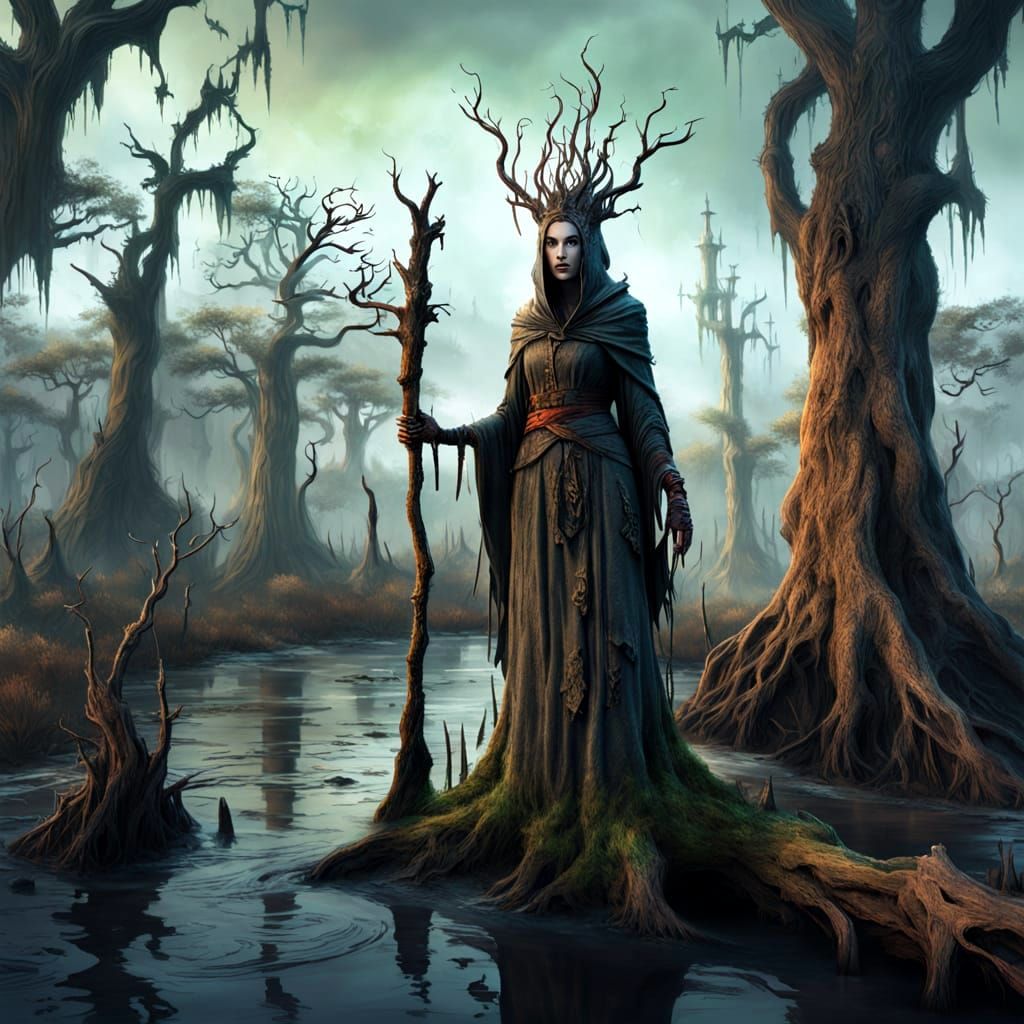 Creepy Swamp Witch in Detailed Matte Painting Style