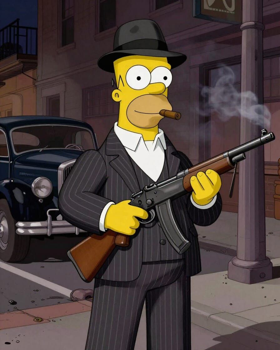 Homer Simpson as a 1920s Gangster with Tommy Gun