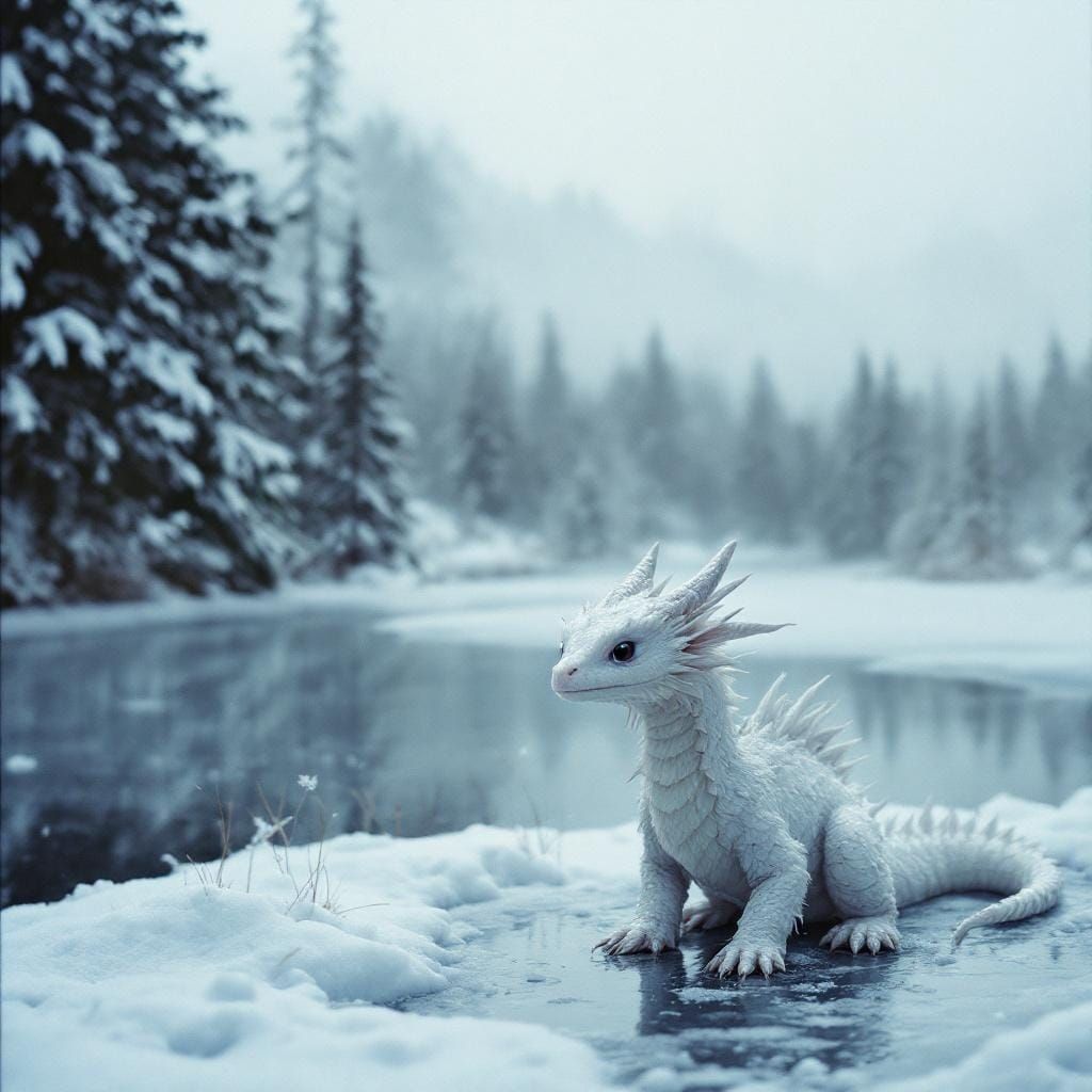 White Baby Dragon in Winter Wonderland