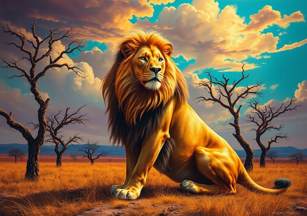 Surreal Golden Lion in Dreamlike Savannah Landscape