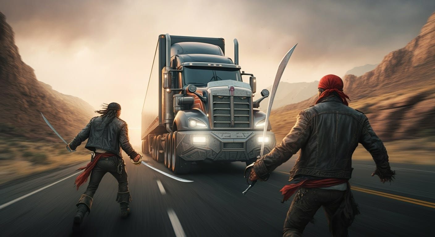 Road Pirates Capture Robotic Truck: Cyberpunk Wyoming