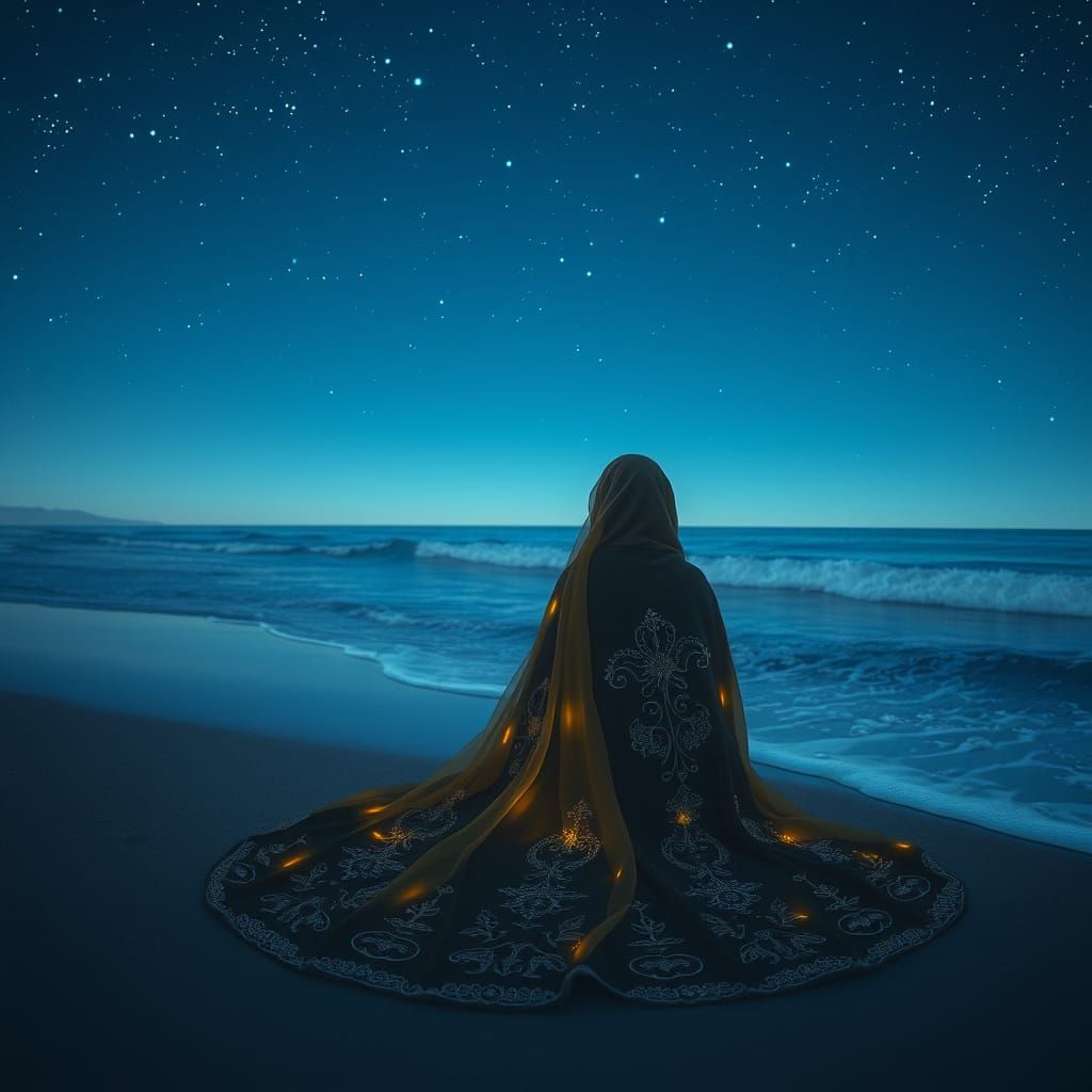 Caspian Sea Couple in Bioluminescent Ghibli Scene