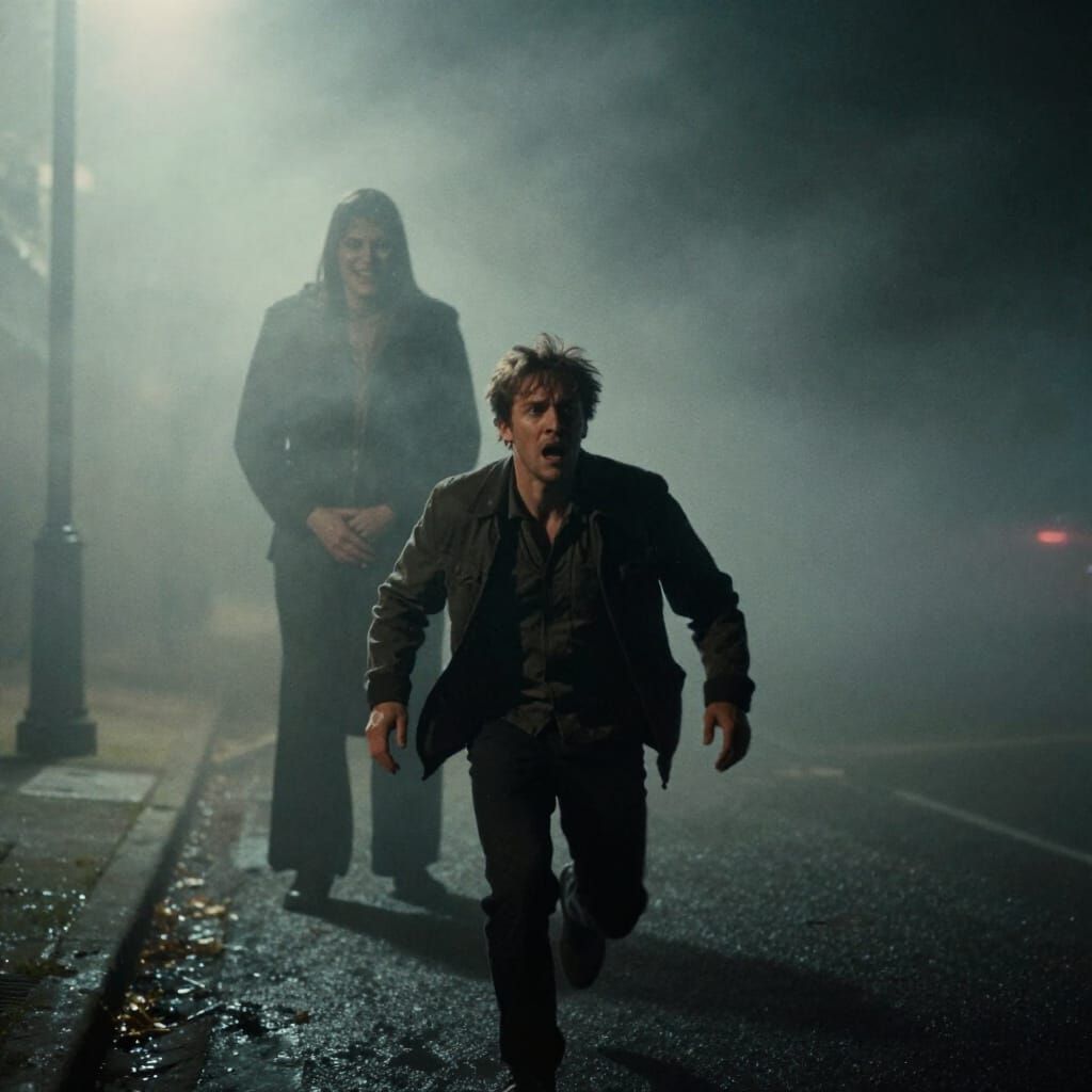 Man Flees Monster in Foggy Night Cinematic Film Still