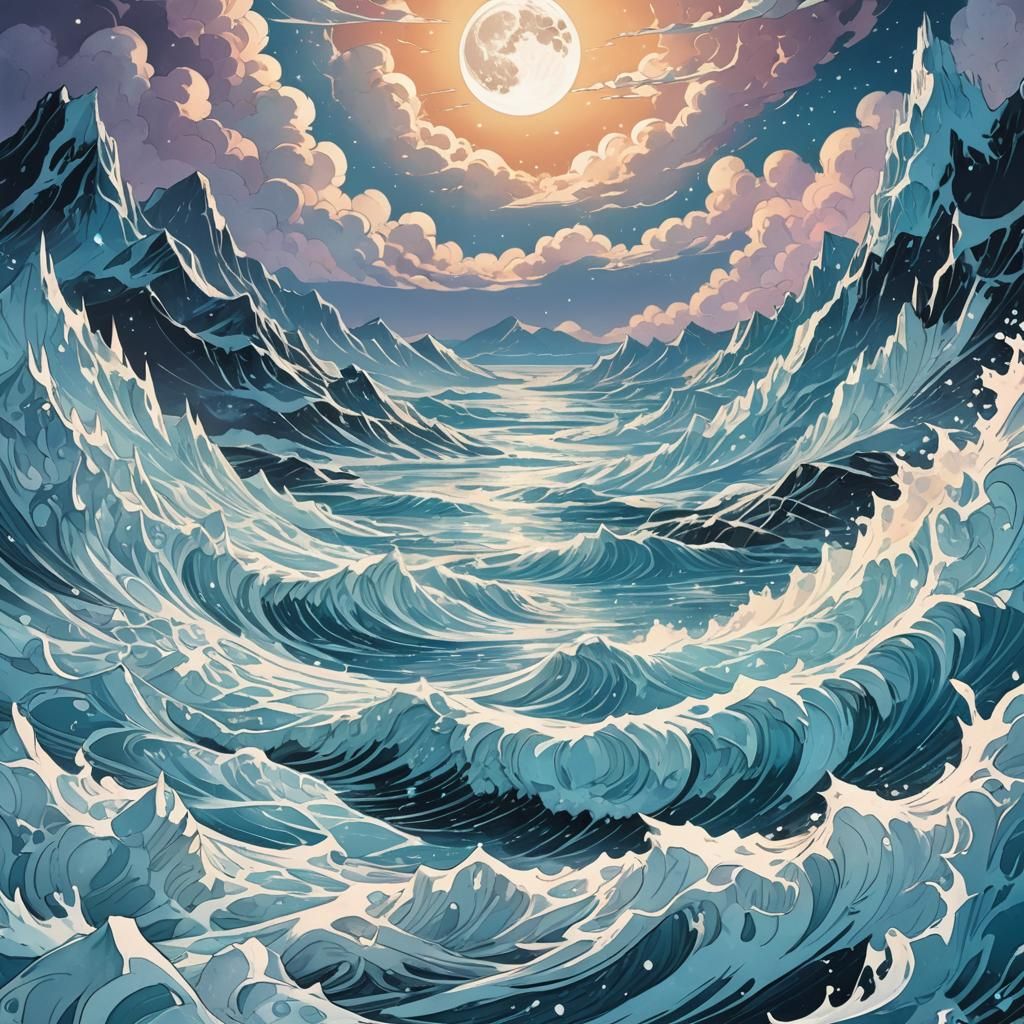 Dreamy Moon Over Frozen Sea: Comic Book Art
