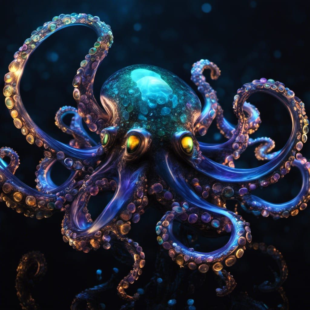 Bioluminescent Glass Octopus with Gemstones in CGI