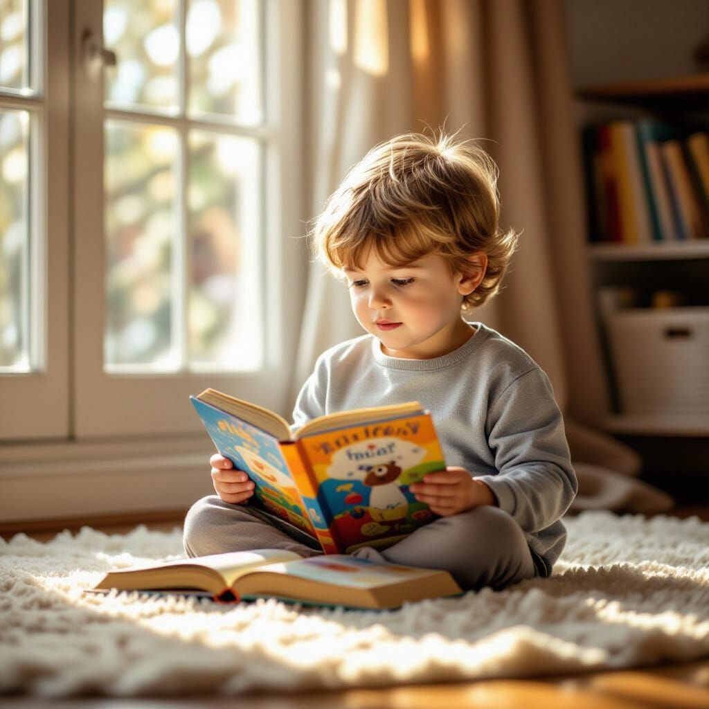 Young Boy Reading Storybook in Sunlit Room