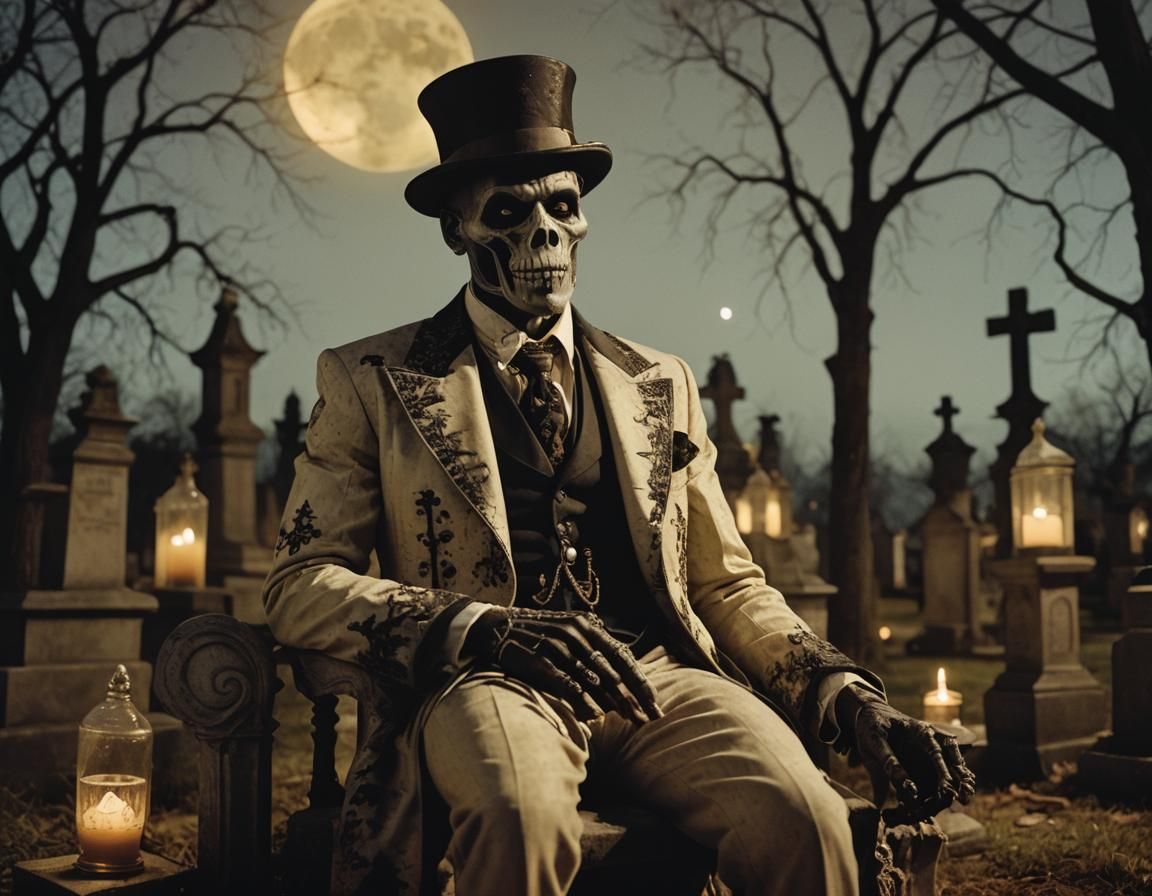 Baron Samedi in Cemetery under Moonlight: Gothic Romanticism