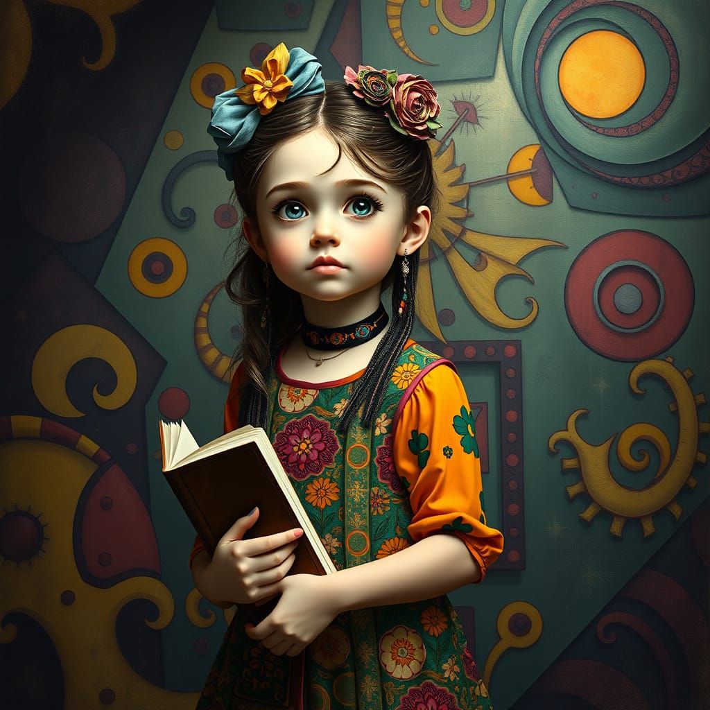 Girl in Dreamlike World, Klimt and Basquiat Style