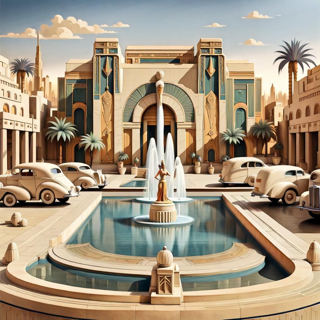 Art Deco Cityscape with Egyptian Motifs