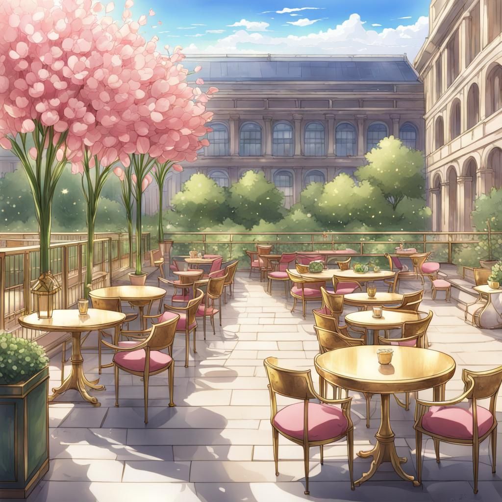 Royal Library Terrace with Golden Decor in Anime Style