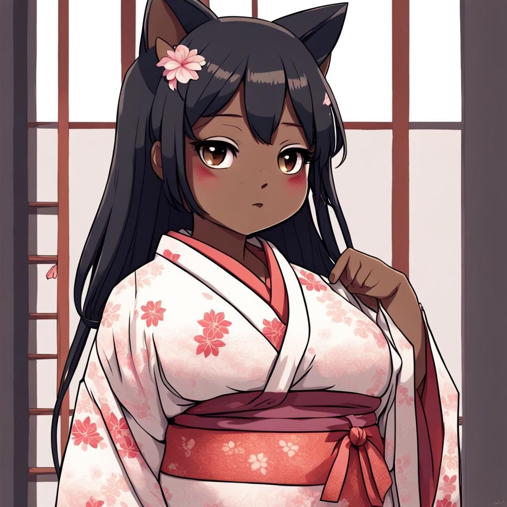 Shy Ebony Cat Girl in Kimono, Anime Style