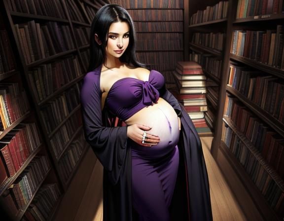 Hyperrealistic Portrait of Pregnant Nyarlathotep in Bookstor...