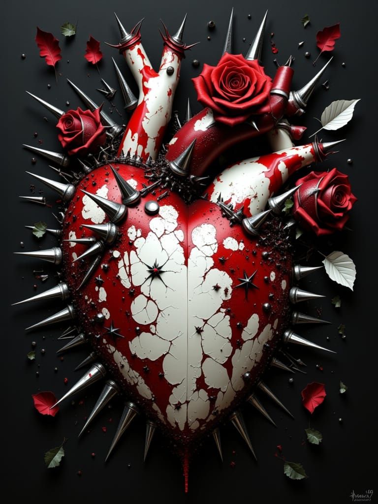 Fragmented Spiked Heart with Dark Roses in Void