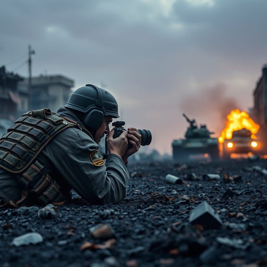 War Photographer Captures Approaching Tanks in Ruined Citysc...