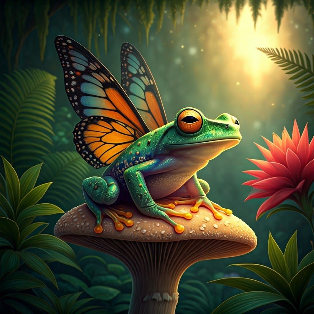 Iridescent Frog with Butterfly Wings in Mystical Forest
