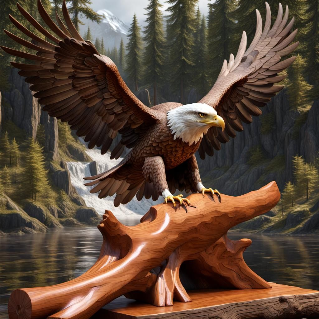 Standing eagle spreads its wings over salmon fish  carved ou...