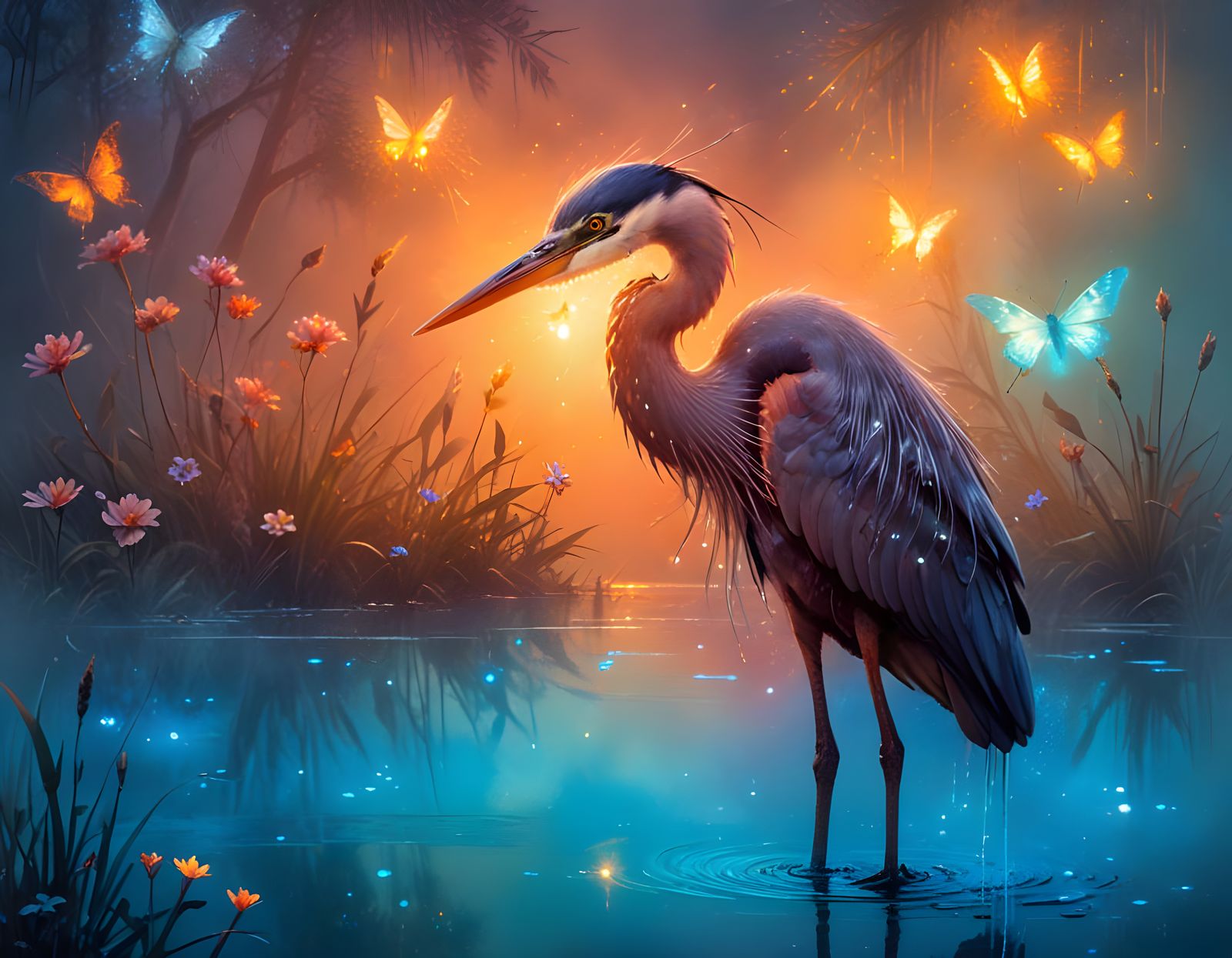 Ethereal Blue Heron in Misty Nighttime Pond Scene