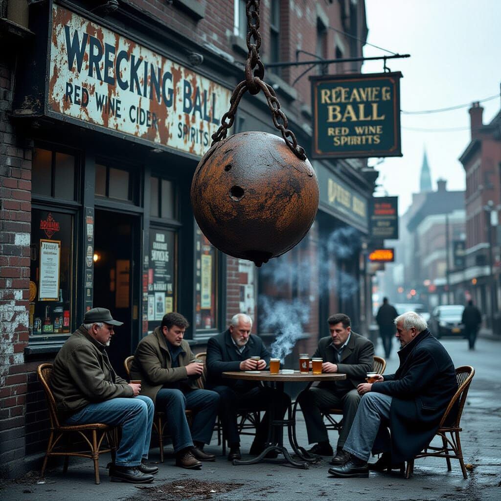 Gritty Urban Pub Scene with Wrecking Ball