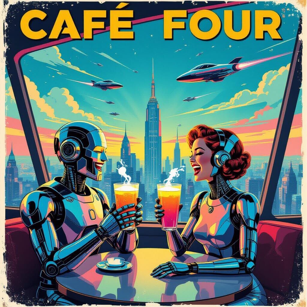 Retro-Futurist Poster of Android Couple in Skyscraper Cafe