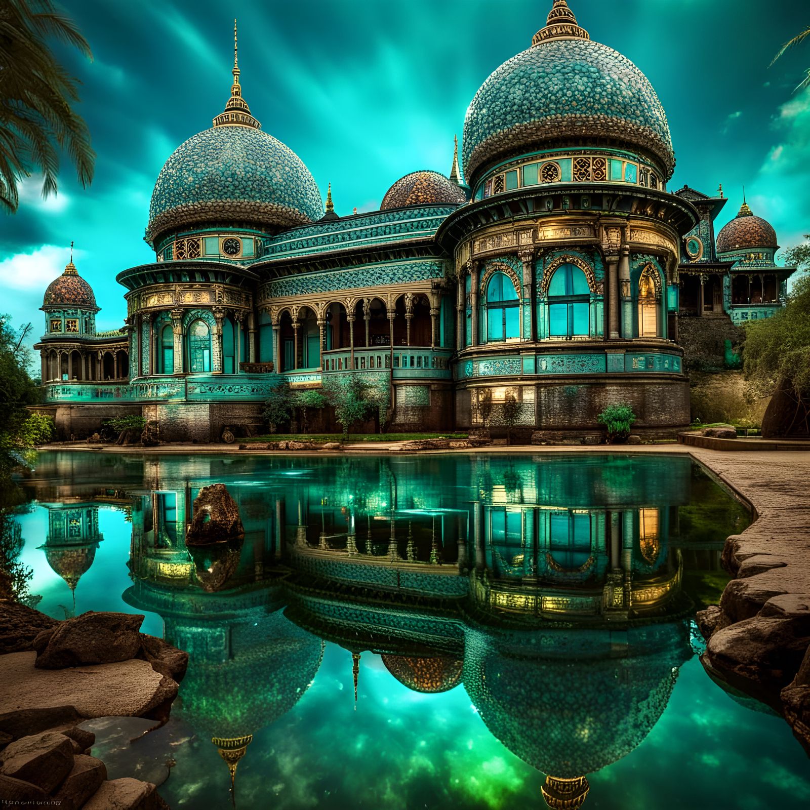 Majestic Jewel Palace on Winding River: Hyperrealistic