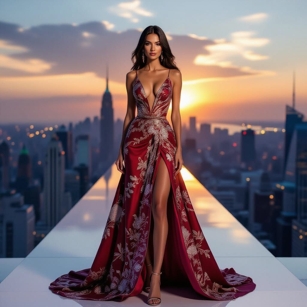 Woman on Runway in Global Cityscape at Sunset