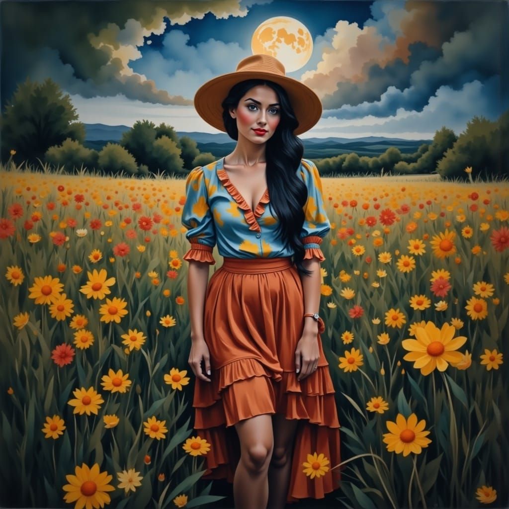 Hippy Girl in Wildflowers under Moon, Gouache Style