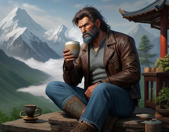 Brooding Neanderthal Tea Drinker in Mountain Gazebo