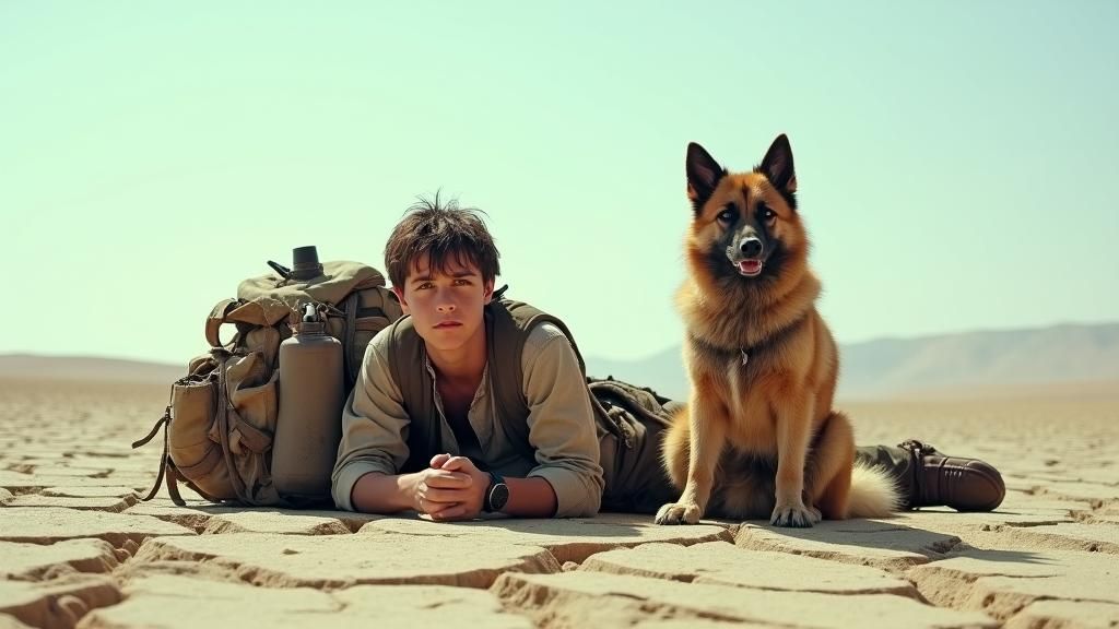 Loyal Dog and Traveler in Barren Landscape