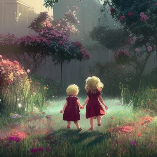 Toddlers in Flower Garden: Dark Fantasy Art