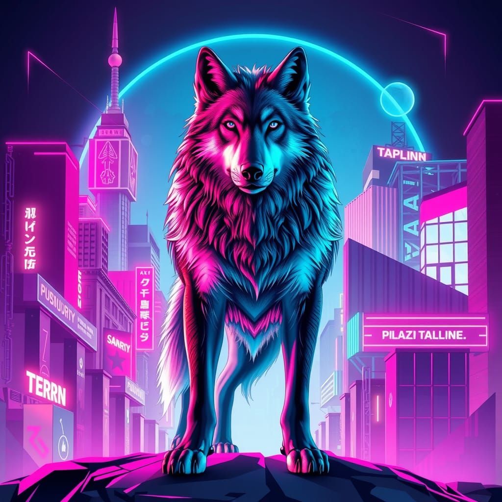 Wolf in a Neon Cyberpunk Metropolis