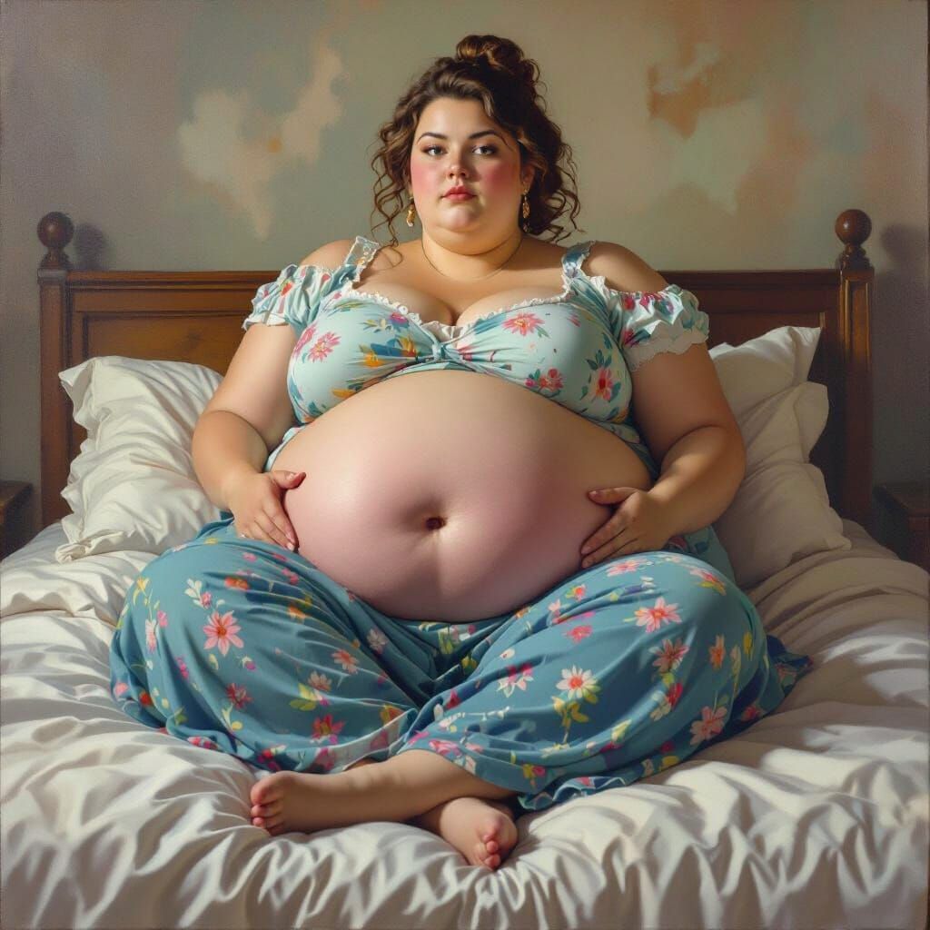 Voluptuous Woman on Bed in Lush, Vibrant Colors