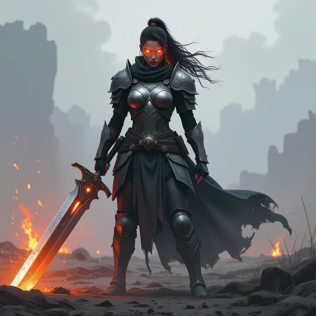 Female Warrior on Battlefield in Fantasy Realism