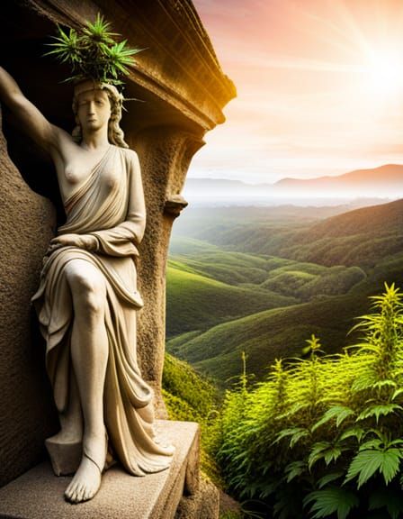 Tendrils of cannabis entwine an old stone statue