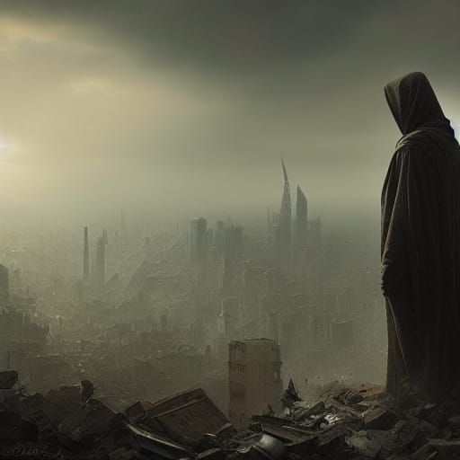 Dystopian Cityscape: Cloaked Figure in Post-Apocalyptic Horr...