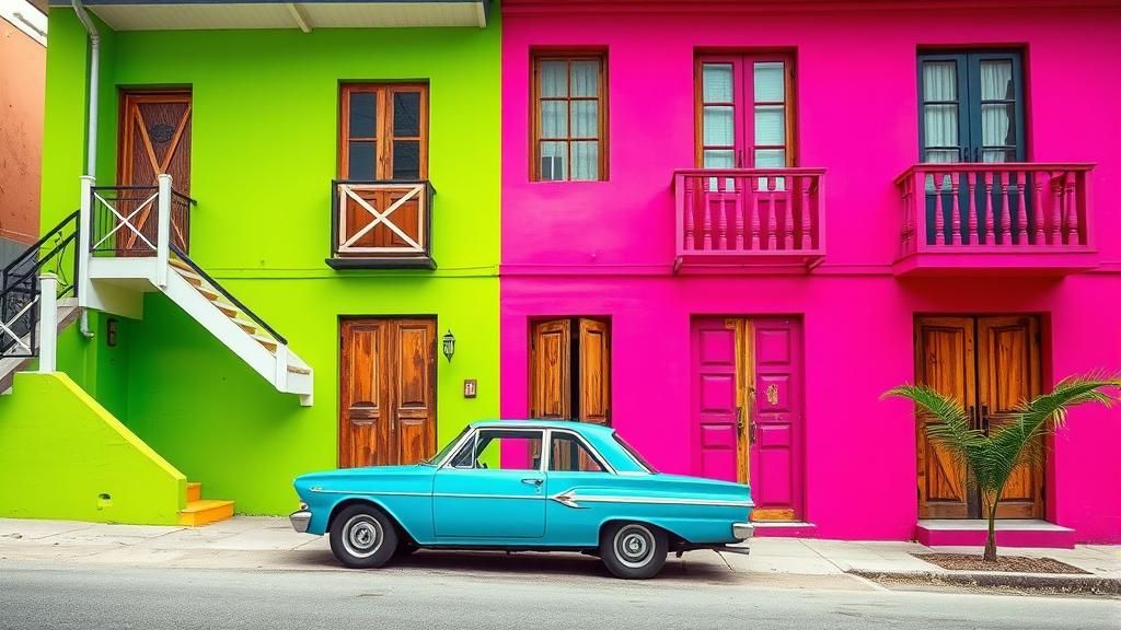 Vibrant Turquoise Car Parked by Colorful Building