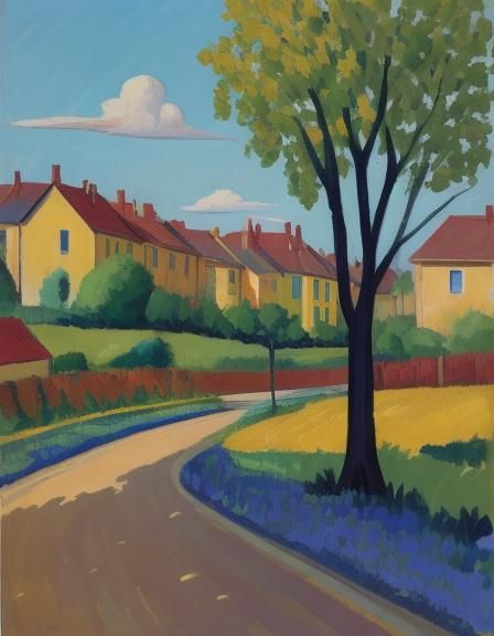 Vibrant Fauvist Village Scene in Oil Painting