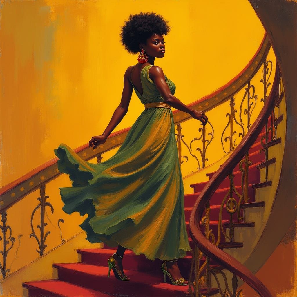 Vibrant Staircase Encounter in the Style of Ernie Barnes