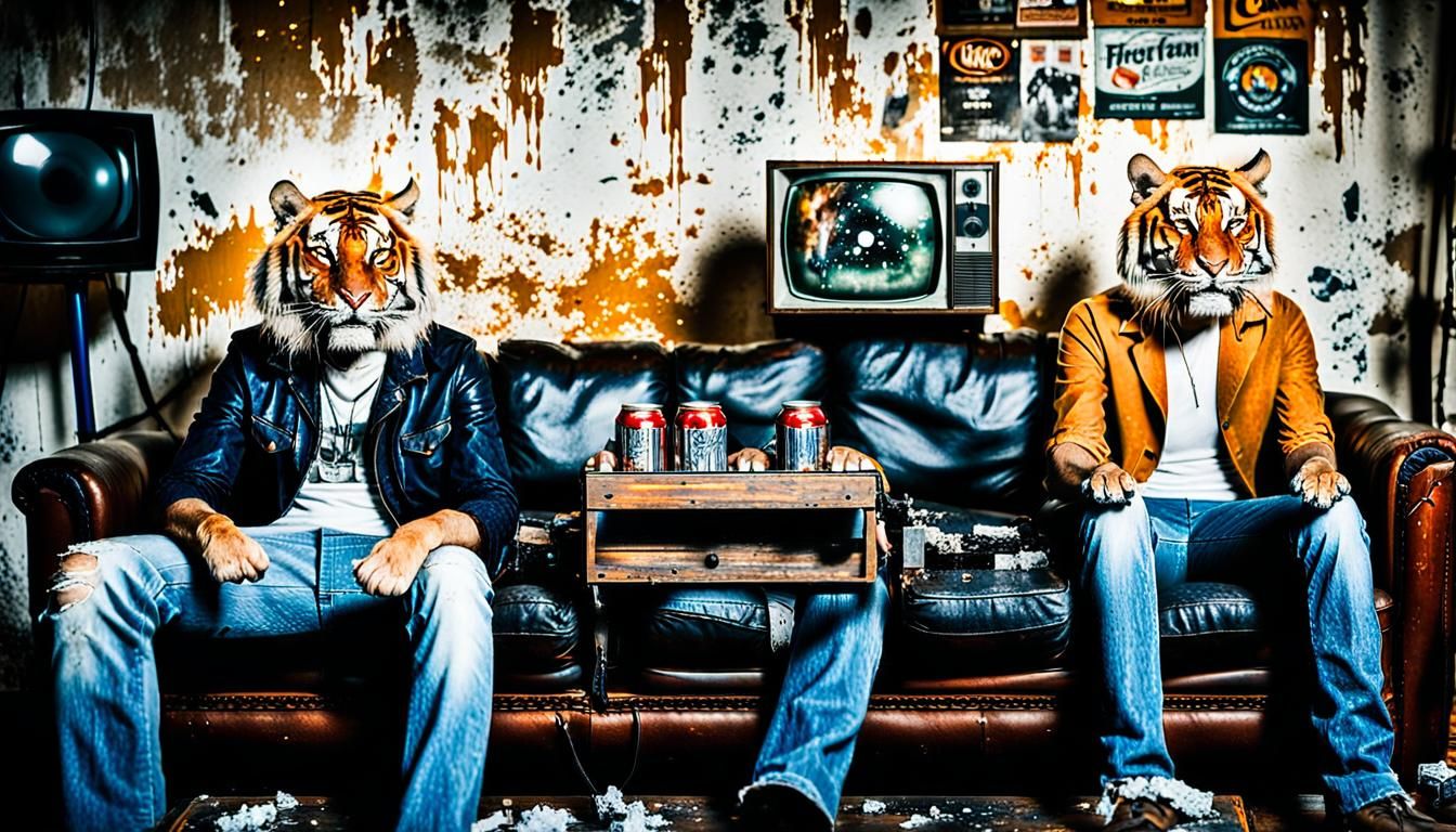 Tigers wearing grunge style clothing and sitting on an old b...