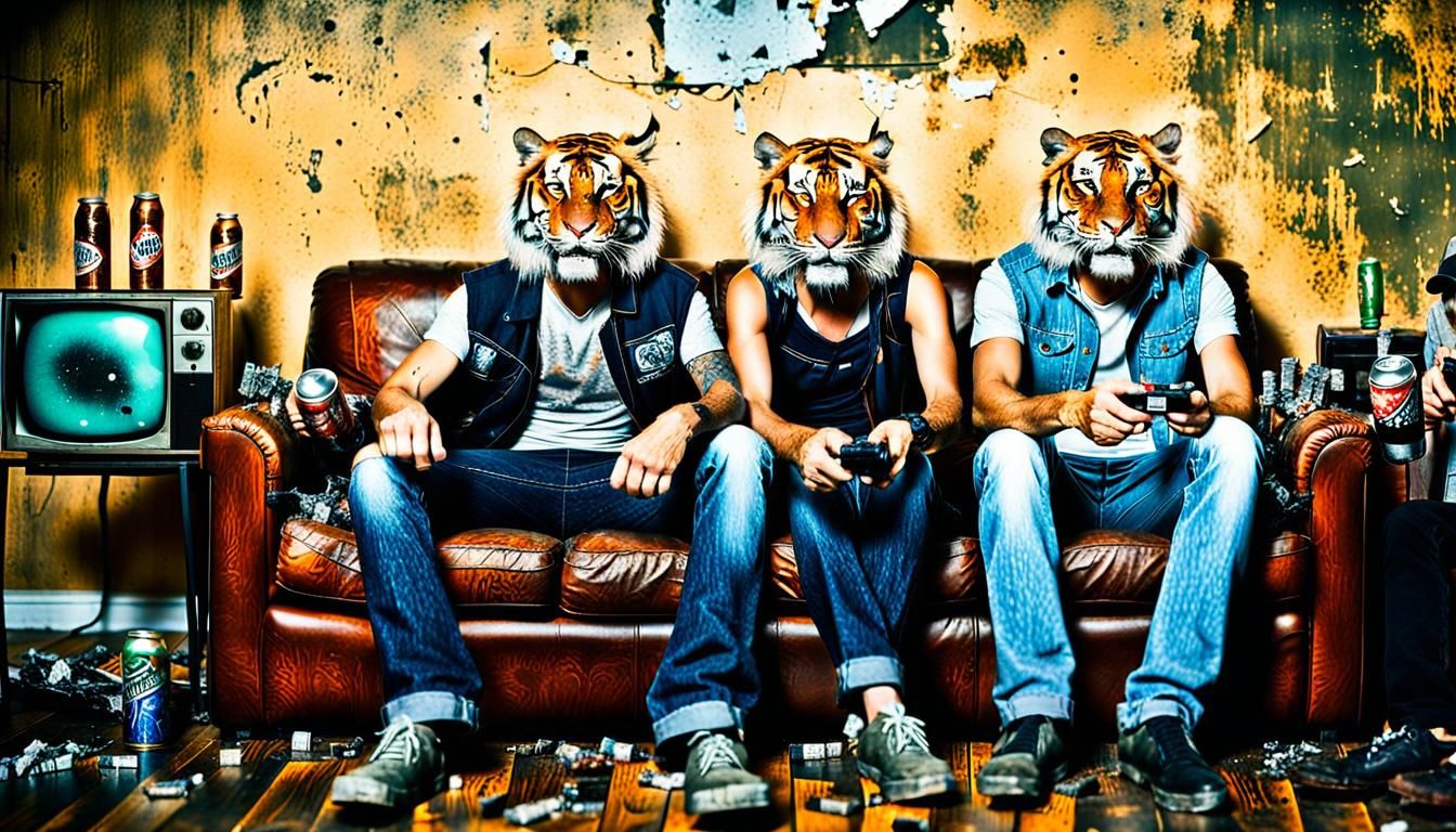 Tigers wearing grunge style clothing and sitting on an old b...