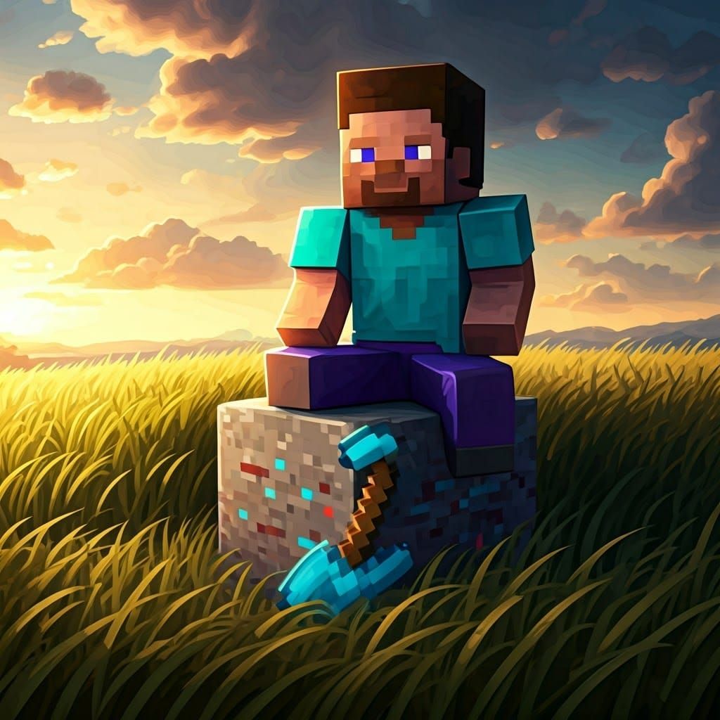 Minecraft Steve on Diamond Ore in Grassy Field