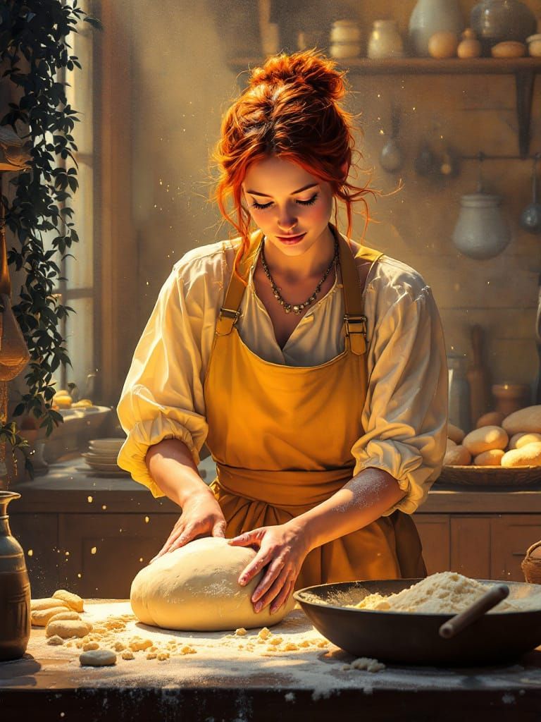 Redhead Baker Kneading Dough in Luminous Victorian Kitchen